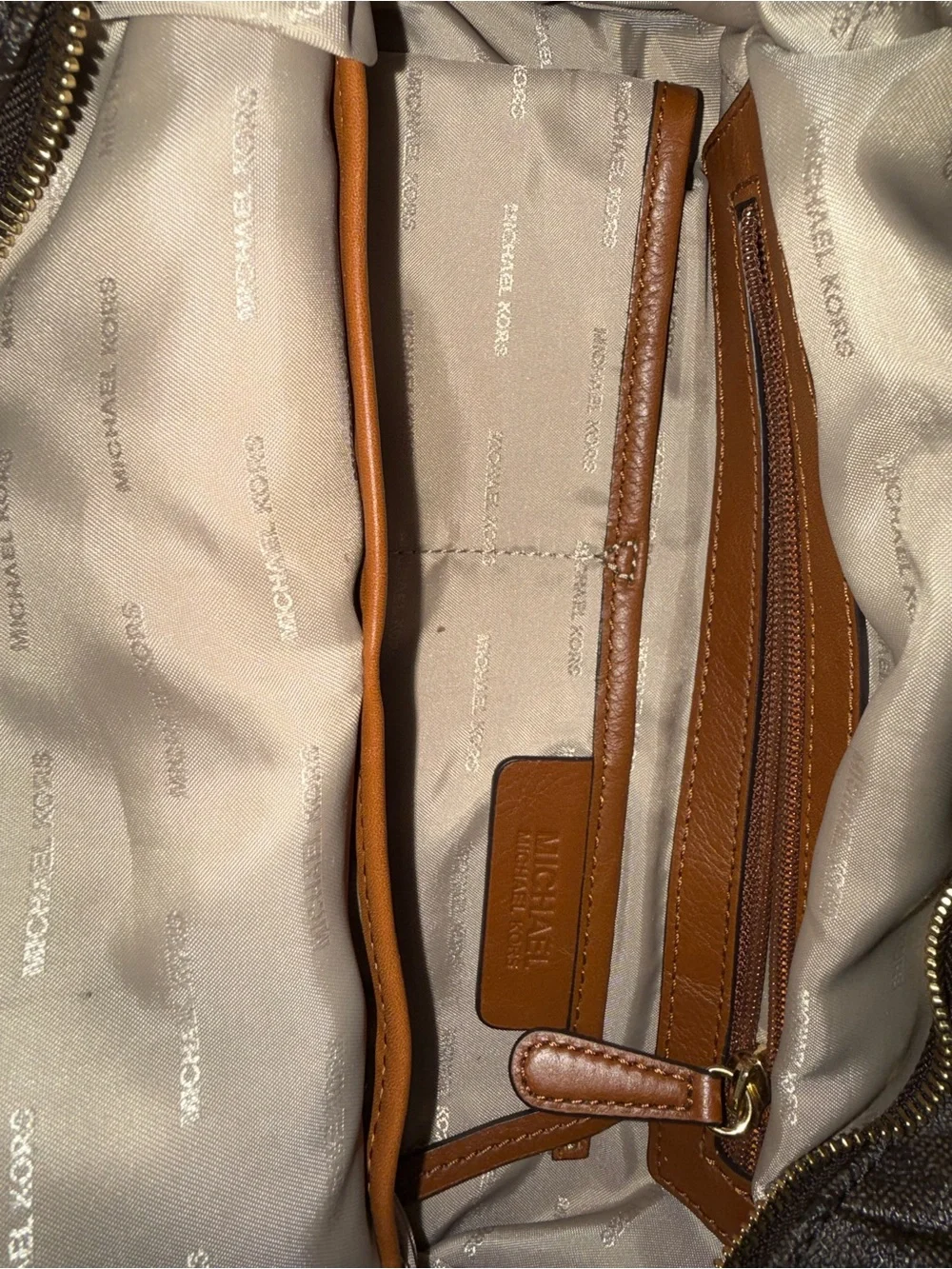 Michael Kors Brown Monogram Shoulder Tote with Tan Handles and Gold Hardware